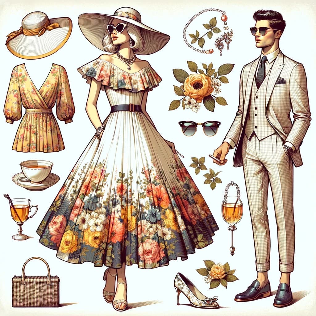 Collage for 'Blossoms & Brews' tea party with logo, guests in summer dresses, assorted tea treats, floral decor, a 'Flower Bar' cart, and a 'Let's Partea' balloon arch.