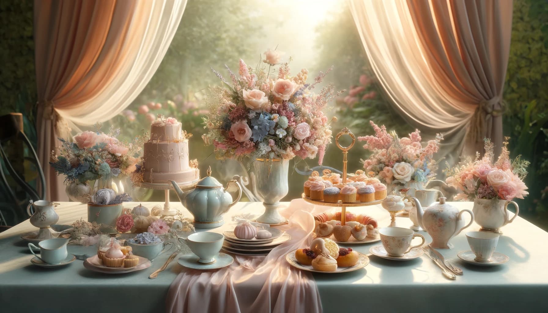 An elegantly set tea party table outdoors with pastel-colored tablecloths and floral centerpieces. The table displays various delicate pastries and three types of tea in elegant teacups. Soft, flowing curtains frame the table, enhancing the whimsical and inviting atmosphere with soft, warm lighting. The background shows a lush garden, adding to the luxurious and serene setting.