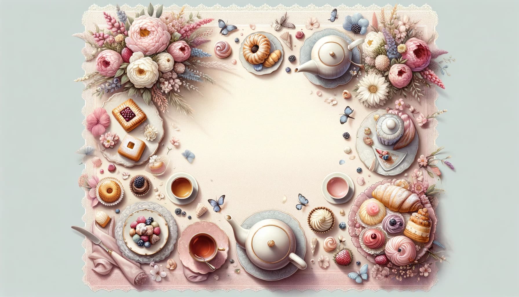 Luxurious tea party set with pastel teapots, desserts, and floral decorations, framed for a central message, evoking an elegant and magical ambiance.