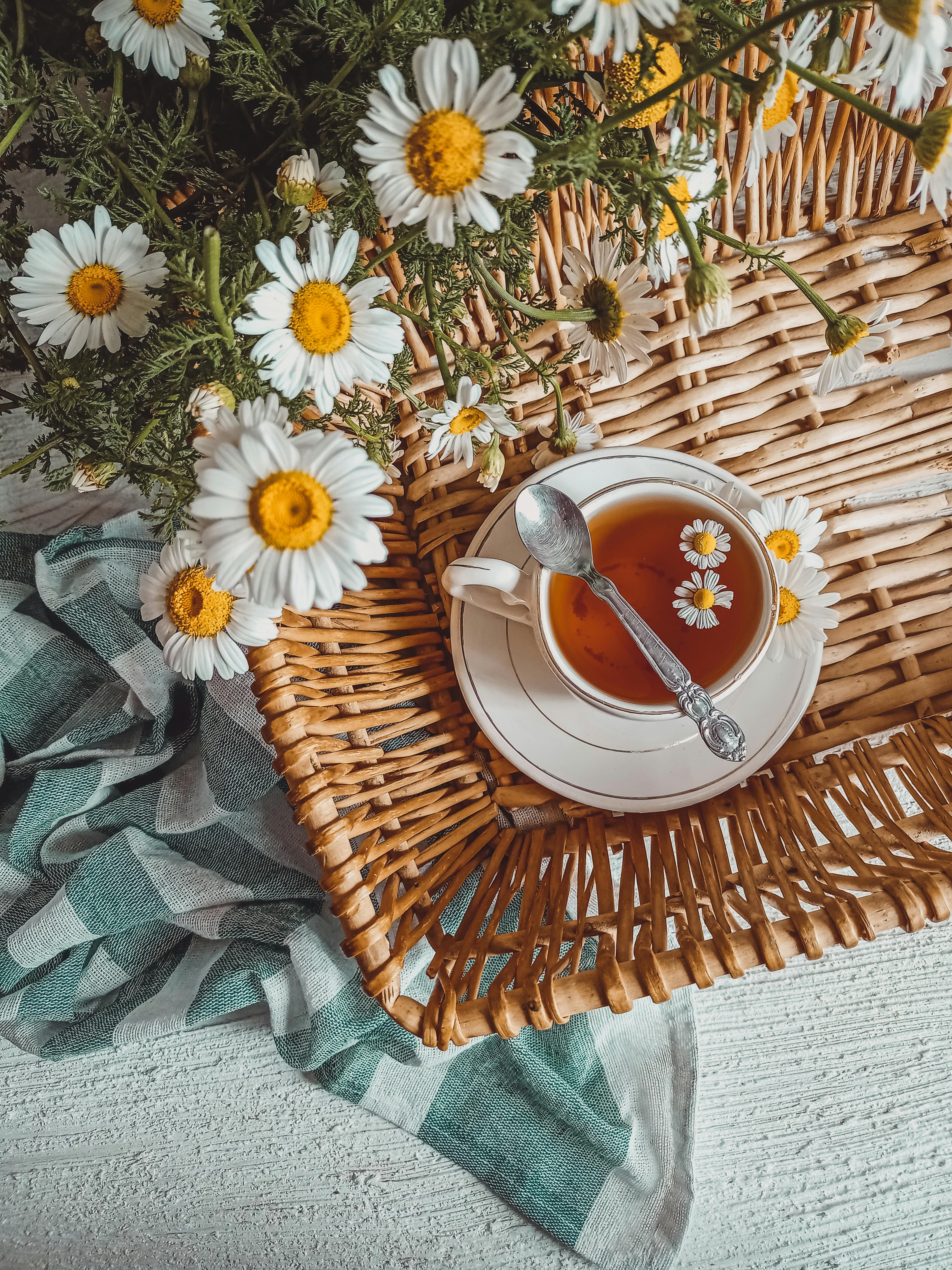 A cozy tea setting with a cup of tea on a wicker tray, adorned with bright daisy flowers, next to a checkered green napkin on a textured white surface.