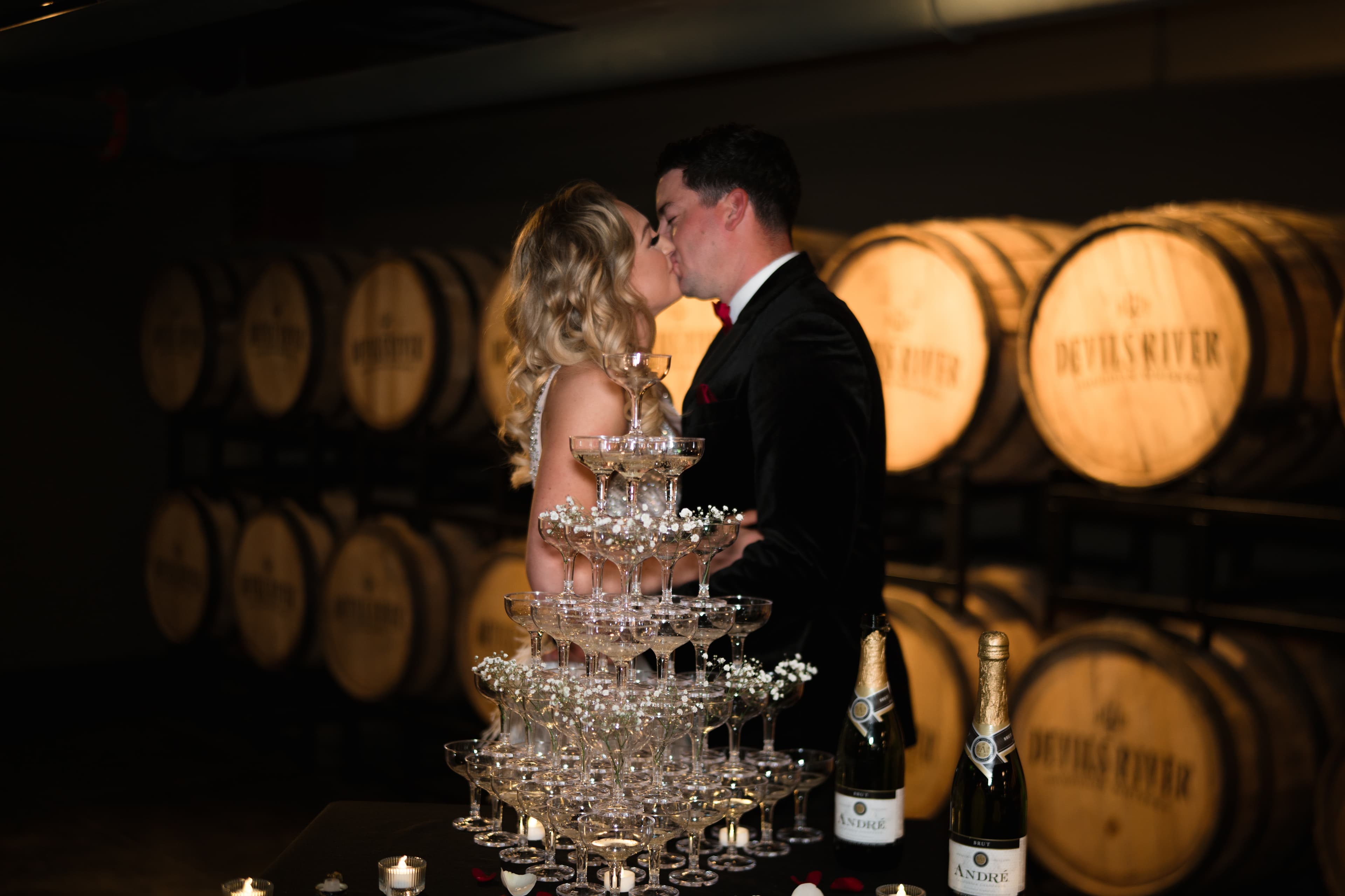 Devils River Style Shoot Wedding Designer Decorated Champagne Tower